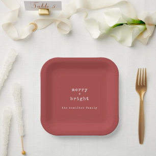 Rustic Red Merry + Bright Family Name Christmas Paper Plate