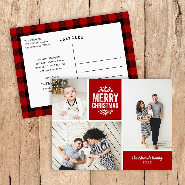 Rustic Red Merry Christmas 3 Photo Collage Holiday Postcard (Creator Uploaded)