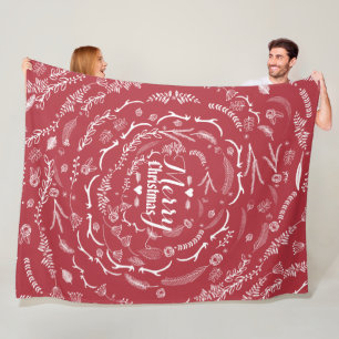 Rustic Red Merry Christmas Antler Leaf Pattern Fleece Blanket