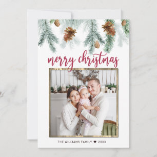 Rustic Red Merry Christmas Pine Cones Photo Holiday Card