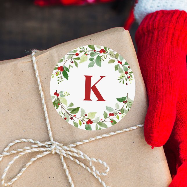 Rustic Red Monogram Holly Leaves Berries Christmas Classic Round Sticker (Creator Uploaded)