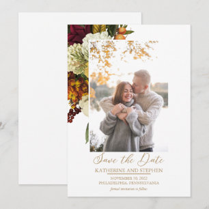 Rustic Red Orange Floral Bouquet Photo White Save The Date