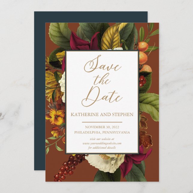 Rustic Red | Orange Floral Bouquet Teal Save The Date (Front/Back)