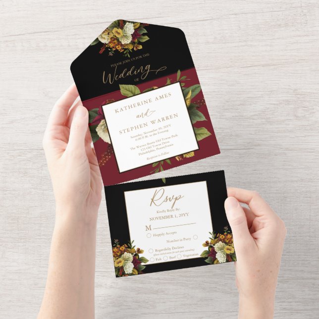 Rustic Red | Orange Floral Bouquet Wedding All In  One Invitation (Tearaway)