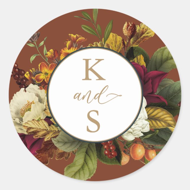 Rustic Red |Orange Floral Bouquet Wedding Monogram Classic Round Sticker (Front)