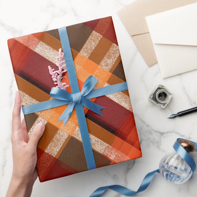 Rustic Red Orange Harvest Earth Plaid Pattern Wrapping Paper (Gifting)