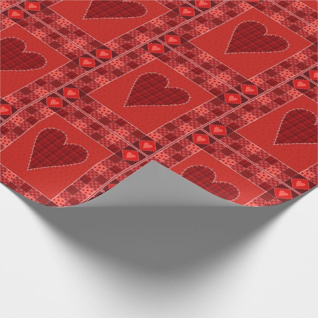 Rustic Red Patchwork Heart Quilt Wrapping Paper (Corner)