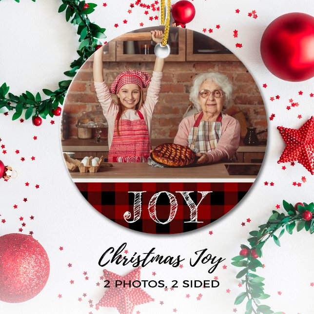 Rustic Red Photo Christmas Joy Buffalo Plaid Ceramic Tree Decoration (Creator Uploaded)