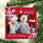 Rustic Red Photo Ornament with Snowflakes<br><div class="desc">Customise this ornament with your family photo and add your family name along with the year for this great Christmas keepsake.</div>
