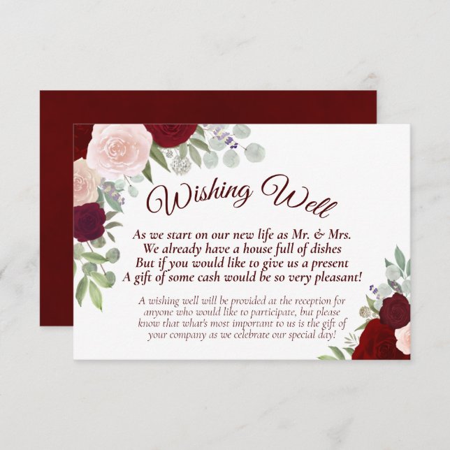 Rustic Red & Pink Boho Floral Wedding Wishing Well Enclosure Card (Front/Back)