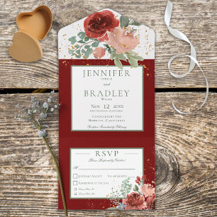 Rustic Red Pink & Gold Floral Dinner All In One Invitation