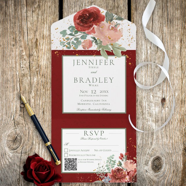 Rustic Red Pink & Gold Floral QR Code All In One Invitation (Creator Uploaded)
