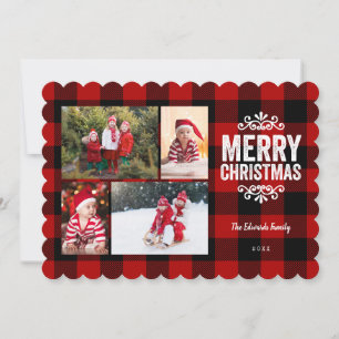 Rustic Red Plaid 4 Photo Christmas Letter Holiday Card