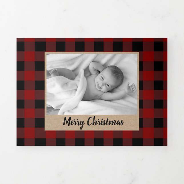 Rustic Red Plaid and kraft photo Tri-Fold Holiday Card (Cover)