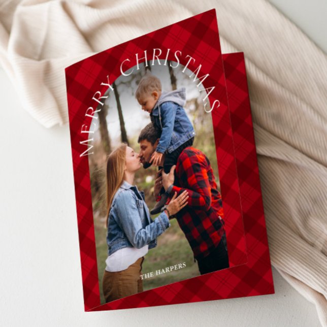 Rustic Red Plaid Arch Photo Christmas  Holiday Card (Modern red plaid arch photo rustic Christmas Holiday Card.)