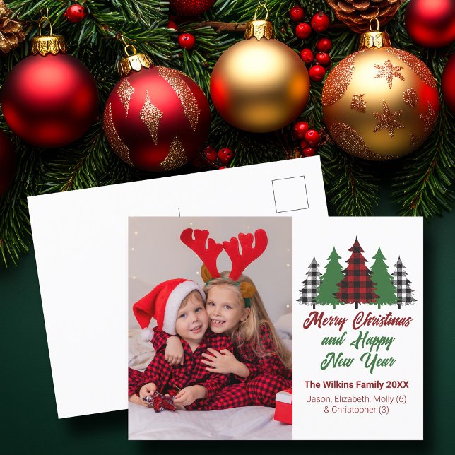 Rustic Red Plaid Christmas Trees Family Photo Holiday Postcard (Creator Uploaded)