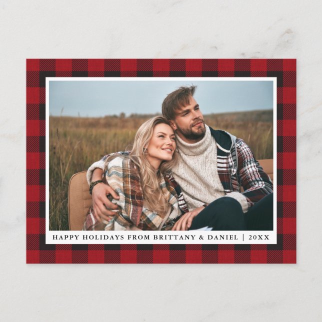 Rustic Red Plaid Couple Photo Happy Holidays Postcard (Front)