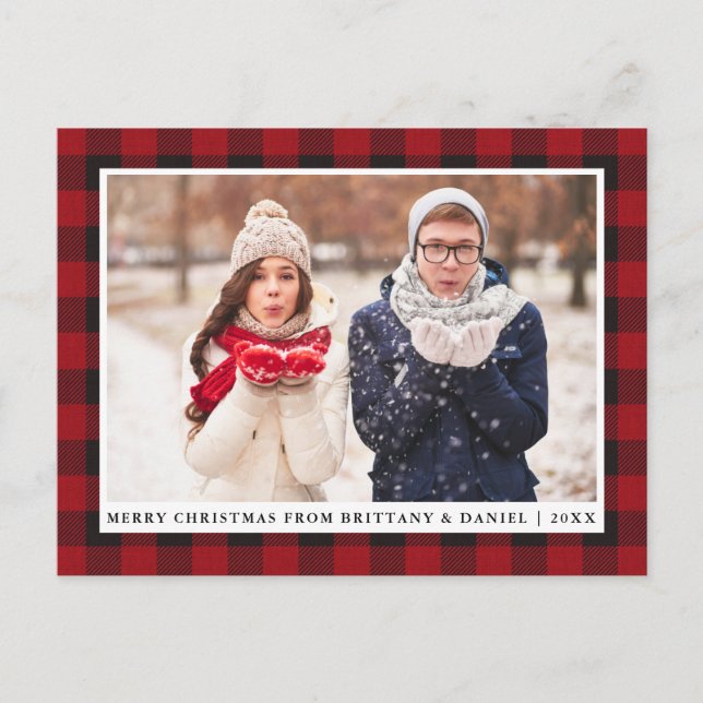 Rustic Red Plaid Couple Photo Merry Christmas Postcard (Front)