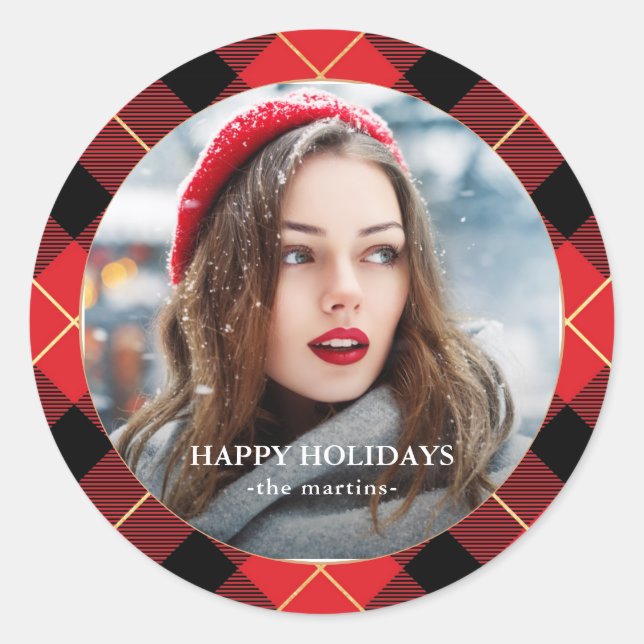 Rustic Red Plaid Faux Gold Photo Christmas Holiday Classic Round Sticker (Front)