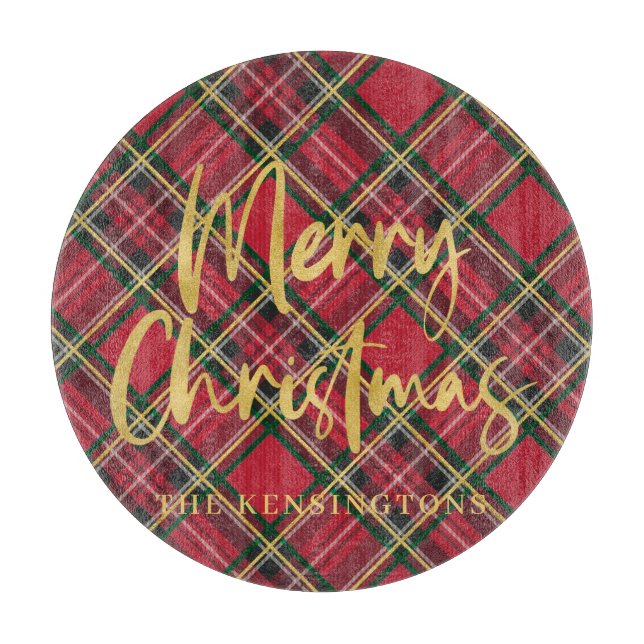 Rustic Red Plaid Gold Foil Script Merry Christmas Cutting Board (Front)