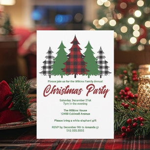 Rustic Red Plaid Green Trees Christmas Party Invitation