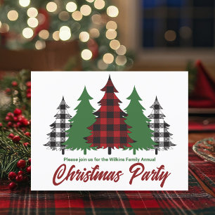 Rustic Red Plaid Green Trees Christmas Party Invitation Postcard
