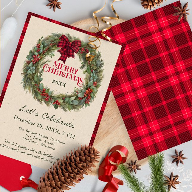 Rustic Red Plaid Greenery Farmhouse Christmas      Invitation (Creator Uploaded)
