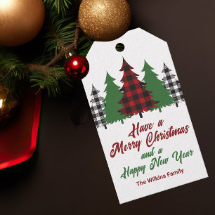 Rustic Red Plaid Merry Christmas Happy New Year Gift Tags