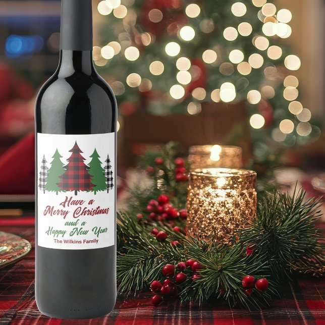 Rustic Red Plaid Merry Christmas Happy New Year Wine Label (Creator Uploaded)