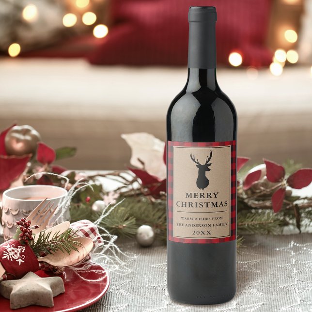 Rustic Red Plaid Merry Christmas Kraft Wine Label (Customize to change text size or text style.)