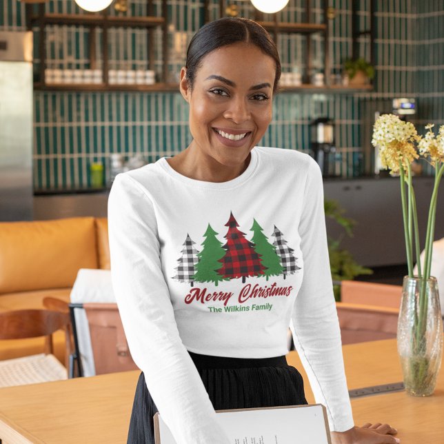 Rustic Red Plaid Merry Christmas Long Sleeve T-Shirt (Creator Uploaded)