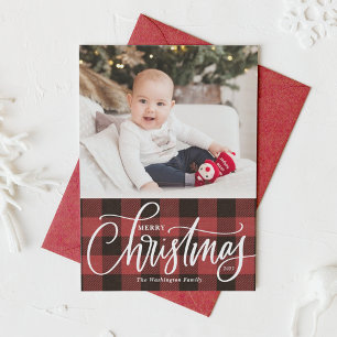 Rustic Red Plaid Merry Christmas Photo Holiday Card