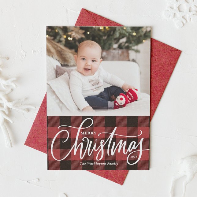 Rustic Red Plaid Merry Christmas Photo Holiday Card (Creator Uploaded)
