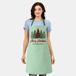 Rustic Red Plaid Merry Christmas Trees Custom Apron