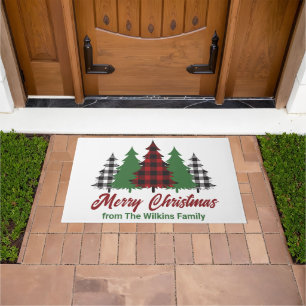 Rustic Red Plaid Merry Christmas Trees Custom Doormat