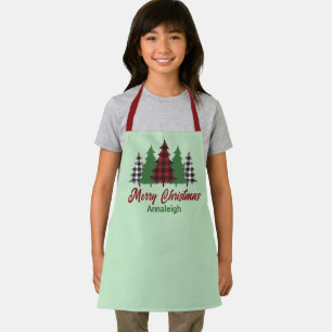 Rustic Red Plaid Merry Christmas Trees Custom Kids Apron