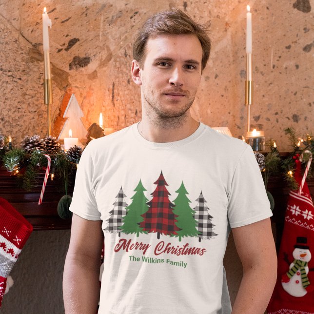 Rustic Red Plaid Merry Christmas Trees Custom T-Shirt (Creator Uploaded)
