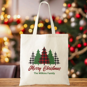 Rustic Red Plaid Merry Christmas Trees Custom Tote Bag
