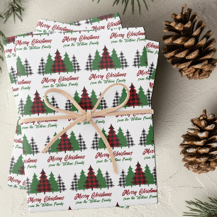 Rustic Red Plaid Merry Christmas Trees Customised Wrapping Paper Sheet