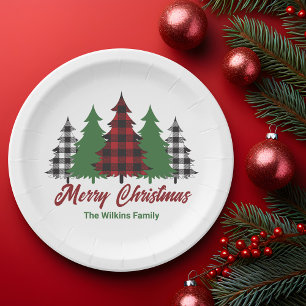 Rustic Red Plaid Merry Christmas Trees Party Paper Plate