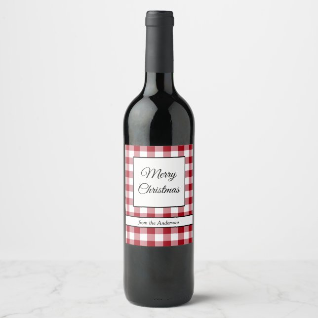 Rustic Red Plaid Merry Christmas Wine Label (Front)