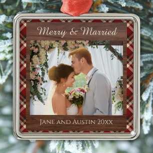 Rustic Red Plaid Merry & Married Photo Ornament