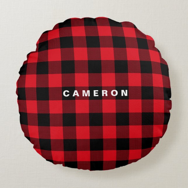 Rustic Red Plaid Pattern Holiday Personalised Round Cushion (Front)