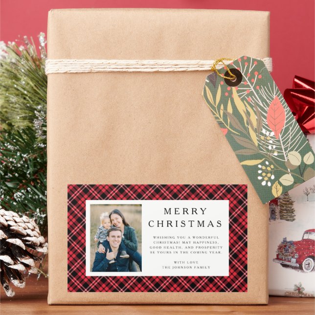 Rustic Red Plaid Photo Christmas Rectangular Sticker (Holiday)