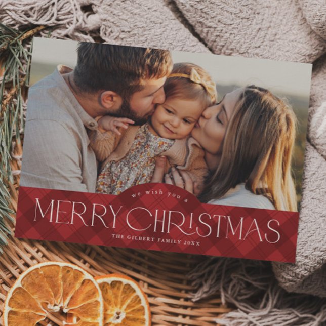 Rustic Red Plaid Photo Merry Christmas Holiday Postcard (Rustic red plaid photo Christmas holiday postcard.)