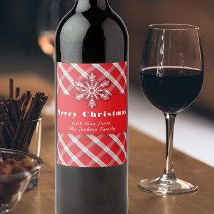 Rustic Red Plaid Snowflake Christmas Holiday Wine Label