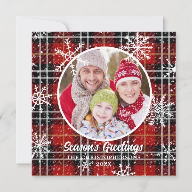 Rustic Red Plaid Snowflakes Custom Greeting Holiday Card (Front)