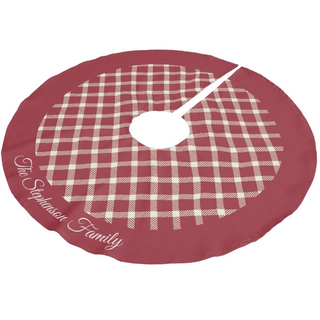 Rustic Red Plaid with Family Name Brushed Polyester Tree Skirt (Angled)