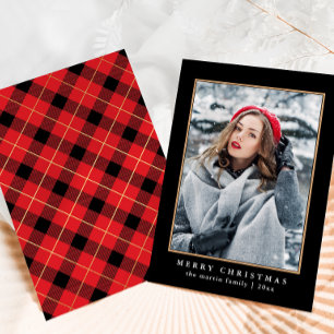 Rustic Red Plaid with Faux Gold Photo Christmas Holiday Card