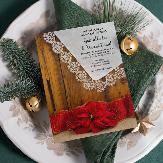 Rustic Red Poinsettia Country Winter Barn Wedding Invitation (Set a warm and festive tone for your rustic December wedding ceremony and reception.)